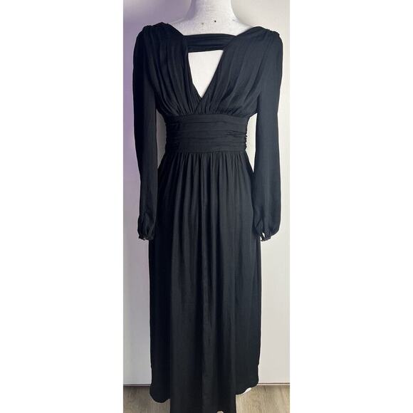 Anthropologie Gwendolyn Deep V-Neck Long Puff Sleeve Black‎ Midi Dress Sz 2 NWOT - Picture 5 of 12